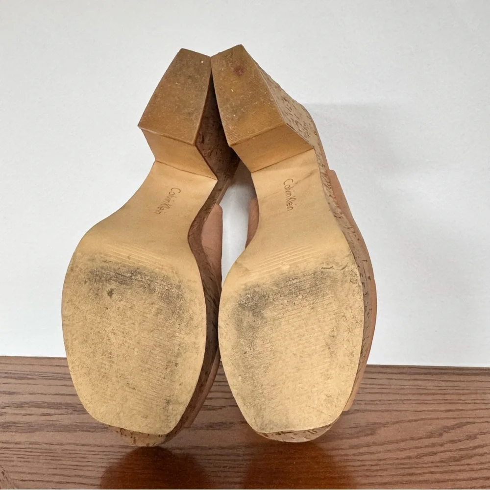 Calvin Klein Raimy Tan Slingback Peep Toe Cork Platform Block Heel 8
